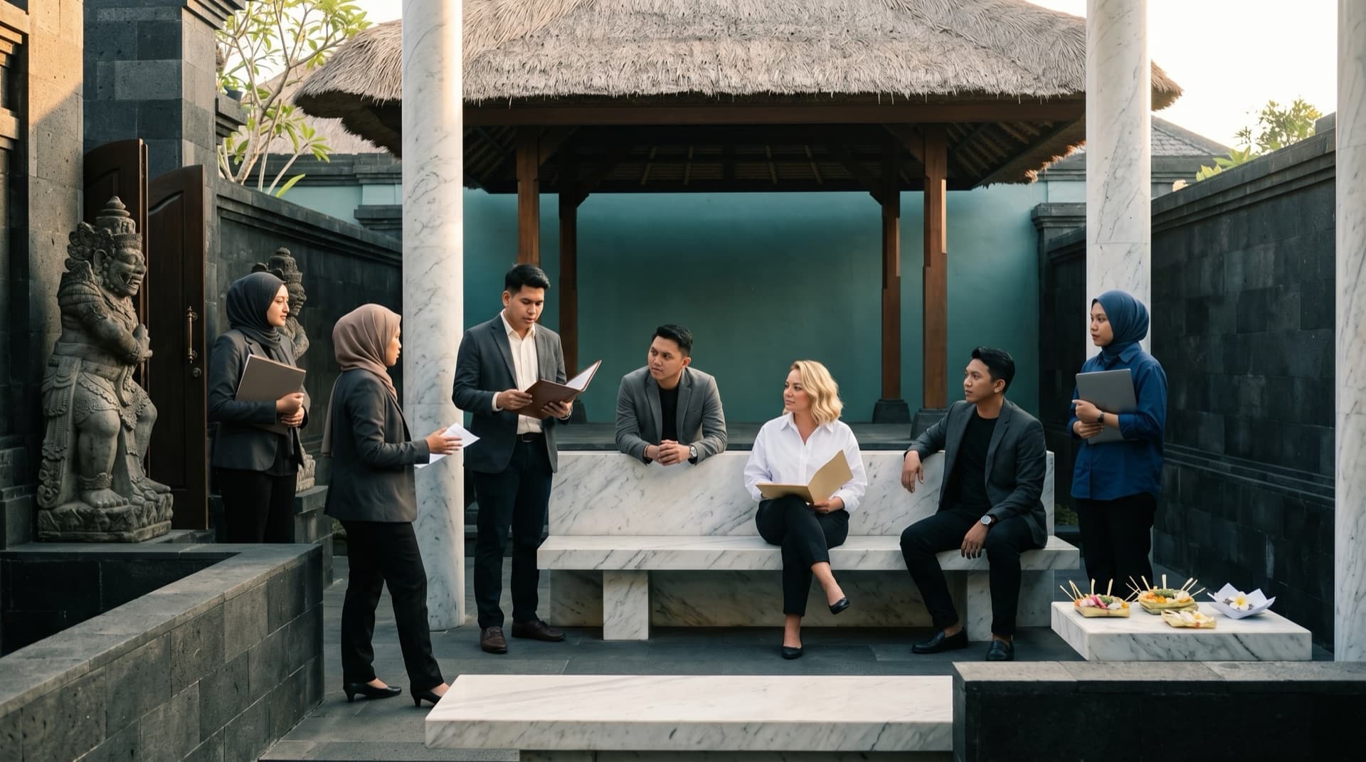 The Bali Zero team mid-conversation in a Balinese bale pavilion — seven members on white Carrara marble benches, stone guardian statue and canang offerings beside them